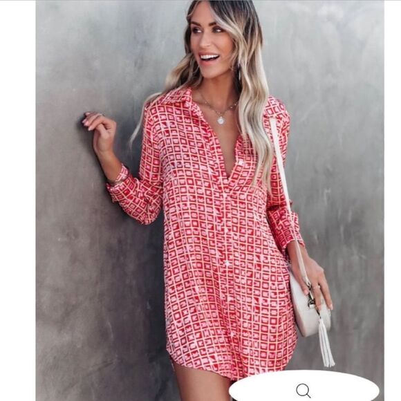 VICI Brenleigh Printed Satin Button Down Tunic Dress FLAW - Picture 1 of 15